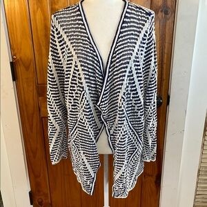 Nic & Zoe Navy and White geometric Striped loose weave Sweater Open Cardigan 2X
